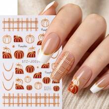 2 Sheets Fall Pumpkin Nail Stickers - Golden Glitter Plaid & French Tip Design, Autumn Nail Art Decals For DIY Manicure, Women & Girls - Orange - View 6