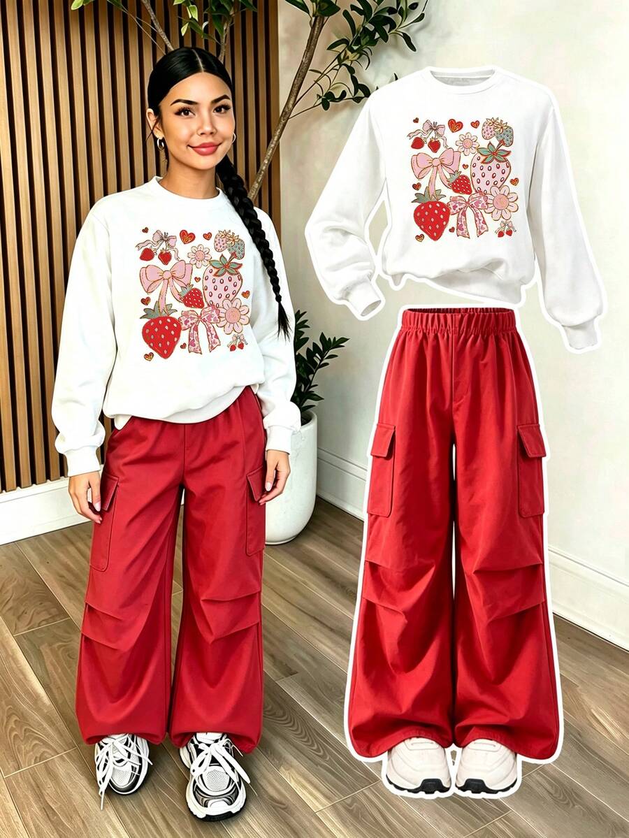 Teen Girl Cartoon Pattern Crew Neck Sweatshirt And Cargo Sweatpants Casual Set - White - View 1