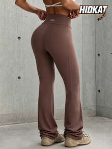 Hidkat Women's Solid Color Fashion High Waist Slim Fit Letter Print Sports Knit Flare Pants - Rusty Rose - View 2
