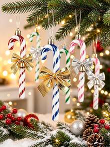 Christmas Candy Cane & Bow Decoration Set, Christmas Tree & Fireplace; Multi-Functional Holiday Decor. Suitable For Christmas Tree, Wreath, Home Decor, Christmas Tree Decoration, Christmas Party Supplies, Winter Decor, Christmas Decoration - Multi-color - View 1
