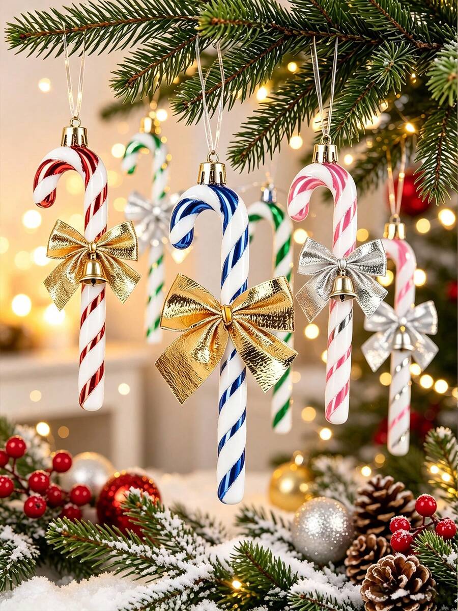 Christmas Candy Cane & Bow Decoration Set, Christmas Tree & Fireplace; Multi-Functional Holiday Decor. Suitable For Christmas Tree, Wreath, Home Decor, Christmas Tree Decoration, Christmas Party Supplies, Winter Decor, Christmas Decoration - Multi-color - View 1