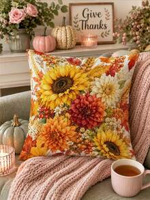 Thanksgiving Autumn Table Runner, Sunflower Dahlia Daisy Floral Pattern, Rustic Country Style, Autumn Harvest Table Decor, Maple Leaf Wheat Berry Print, Linen Texture Tablecloth, Dining Room Kitchen Home Decor - Multicolor - View 8