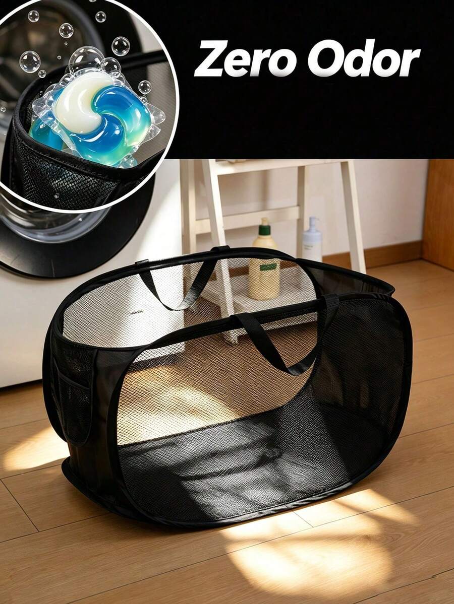 1pc/2pcs Foldable Breathable Mesh Laundry Basket, Quick Fold And Odor Release, Large Capacity Bathroom Storage Basket, Pop-Up Mesh Dirty Clothes Basket With Side Pocket, Clothing Storage Basket, Dirty Clothes Sorting Basket