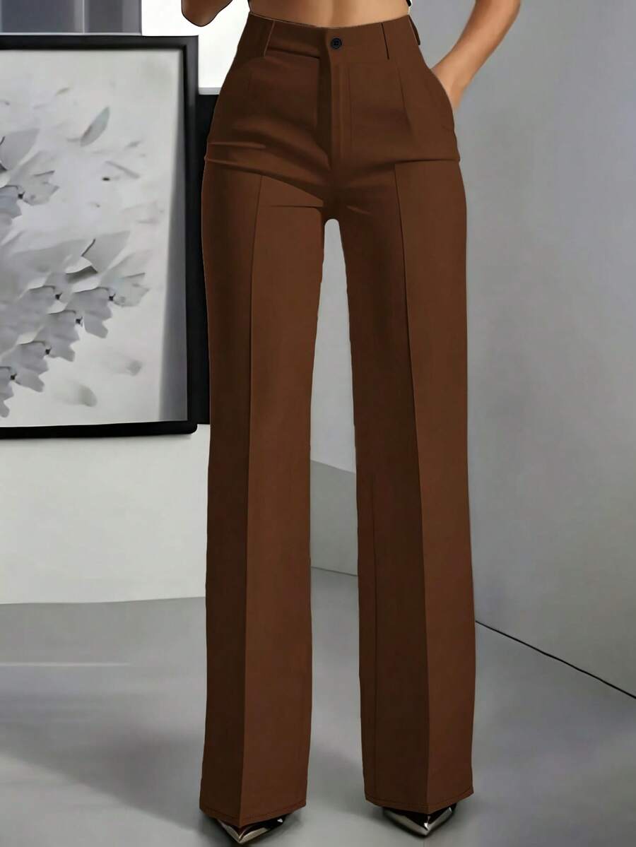 Women's Straight Solid Color Button Zipper Pocket Pants - Brown-1 - View 1