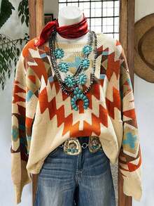 Women's Autumn/Winter Western Cowboy Style Geometric Cactus Jacquard Pattern Round Neck Long Sleeve Loose Knit Pullover Top, Suitable For Travel, Casual And Daily Wear - Multicolor - View 3