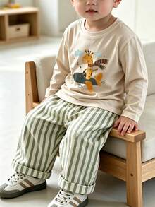 Toddler Boys Cartoon Giraffe Pilot Graphic Long Sleeve T-Shirt, Light Apricot Crew Neck Casual Tee For Spring Autumn - Apricot - View 1