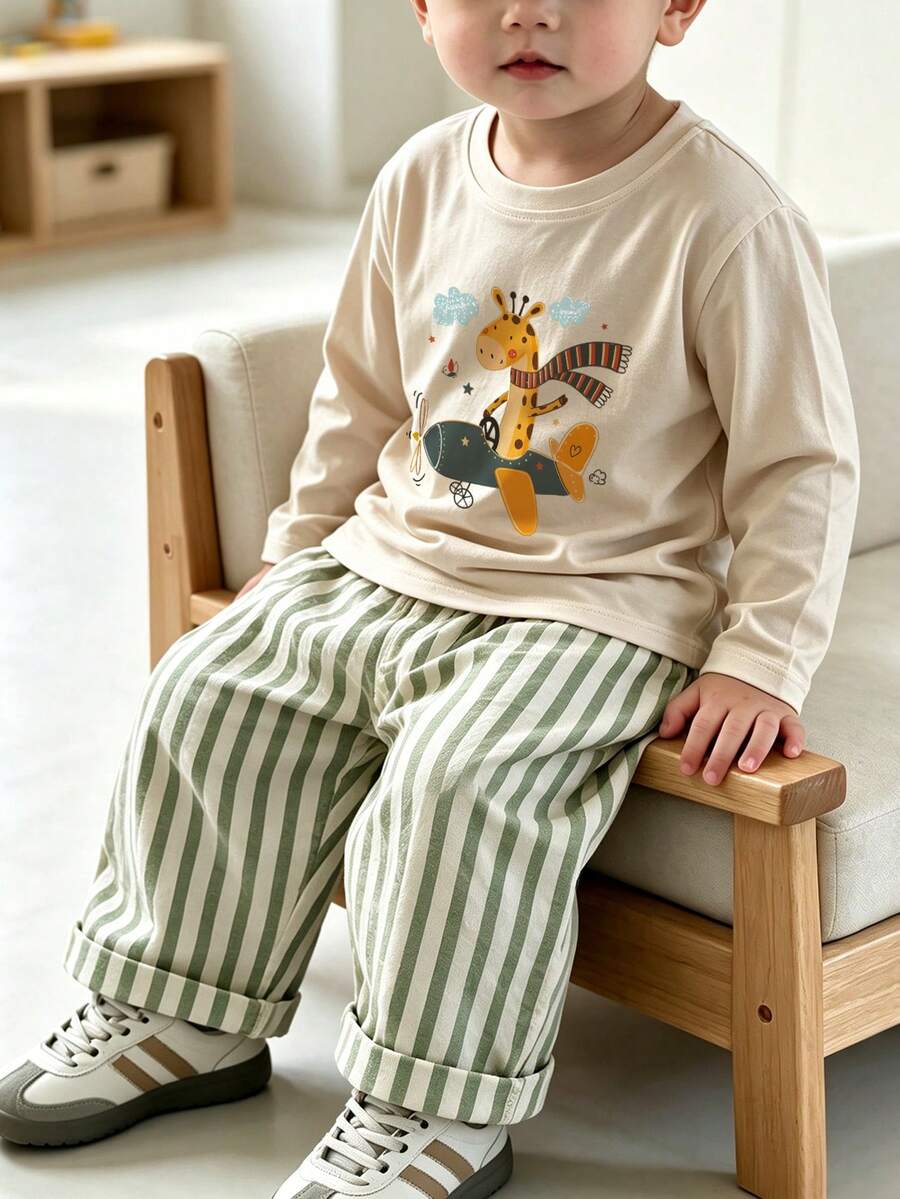 Toddler Boys Cartoon Giraffe Pilot Graphic Long Sleeve T-Shirt, Light Apricot Crew Neck Casual Tee For Spring Autumn - Apricot - View 1