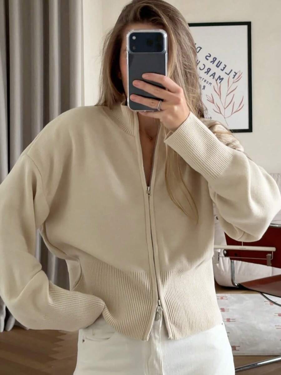GLAMSKIN Women's Zip Up Knit Cardigan, Stand Collar Long Sleeve Loose Fit Sweater Jacket,Casual Ribbed Hem Knitted Outerwear For Fall Winter - Apricot - View 1