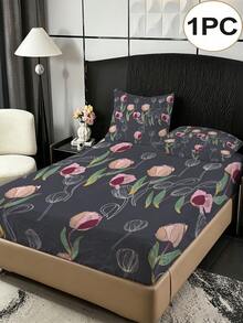 1 Buah Sprei Fitted Motif Tulip Geometris Elegan (Hanya Sprei, Tanpa Sarung Bantal), Kain Poliester 100% Lembut dan Nyaman, Cocok untuk Kamar Tidur, Kamar Tamu, Asrama Sekolah, Pelindung Kasur Sepanjang Musim - MultiWarna - View 1