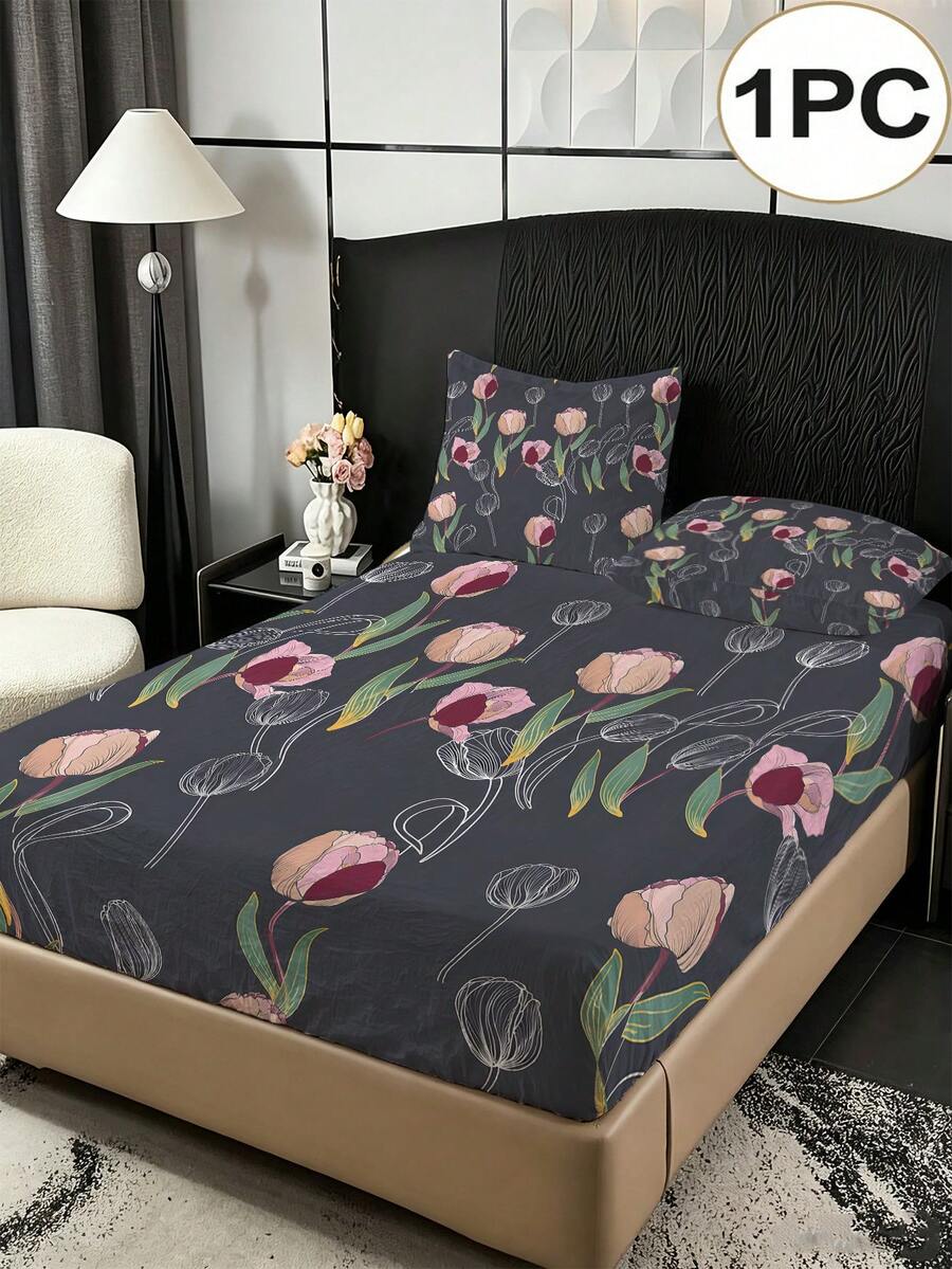 1 Buah Sprei Fitted Motif Tulip Geometris Elegan (Hanya Sprei, Tanpa Sarung Bantal), Kain Poliester 100% Lembut dan Nyaman, Cocok untuk Kamar Tidur, Kamar Tamu, Asrama Sekolah, Pelindung Kasur Sepanjang Musim - MultiWarna - View 1