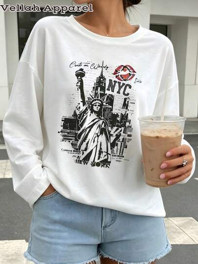 Top Con Gráfico De Labios Y NYC Estilo Y2K Gótico Ropa Estética De Noche De Brujas Traje De Sudadera Para Chica Adolescente Moda De Calle