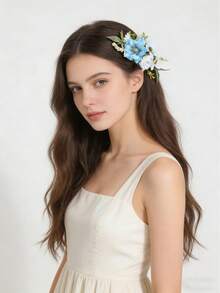 1pc Sweet Realistic Daisy & Green Leaf Hair Comb, Girly Style Side Bun Hair Accessory For Photography And Women's Dress Up - Light Blue - View 6