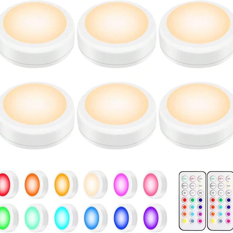 RGB LED Puck Lights, Battery Operated Under Cabinet Lights With Remote Control, 13‑Color Changing Dimmable Wireless Night Lights, Stick‑On Closet Showcase Display Lights For Kitchen, Shelf, Bar, Bedroom Decor