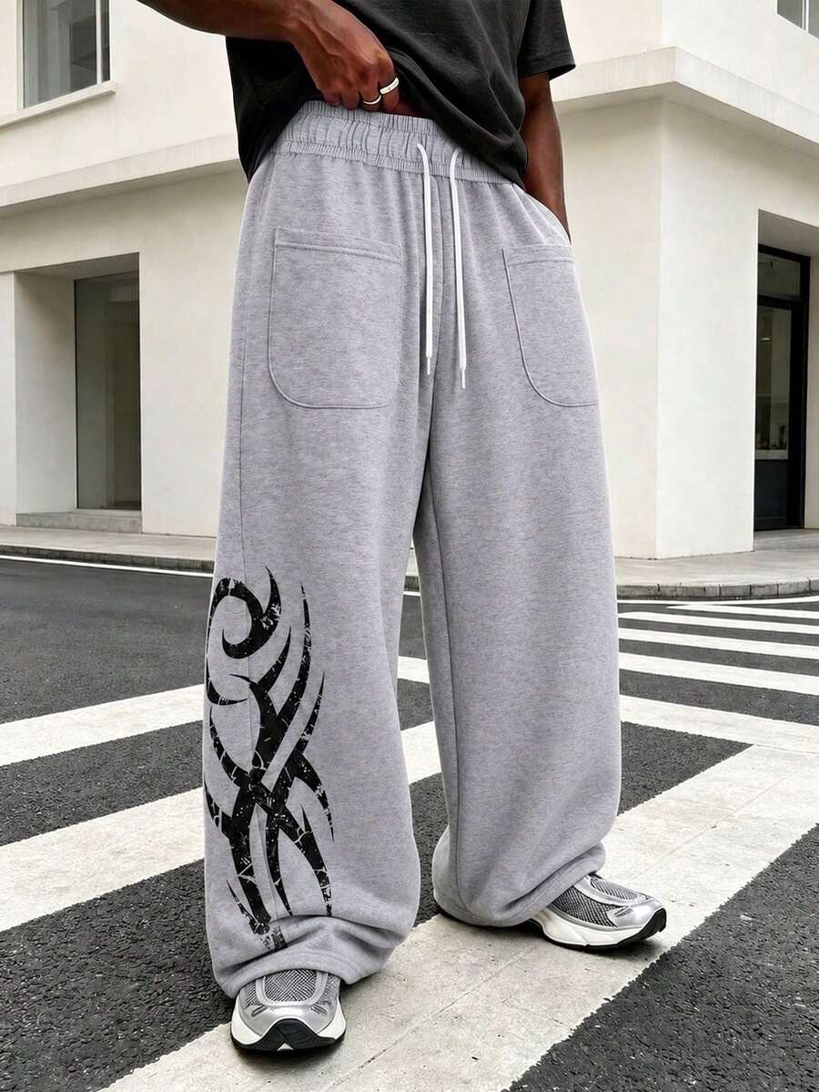 1pc Men's Korean Style Slouchy Deconstructed Line Design Wide Leg Sweatpants Casual Long Pants - Light Grey - View 1