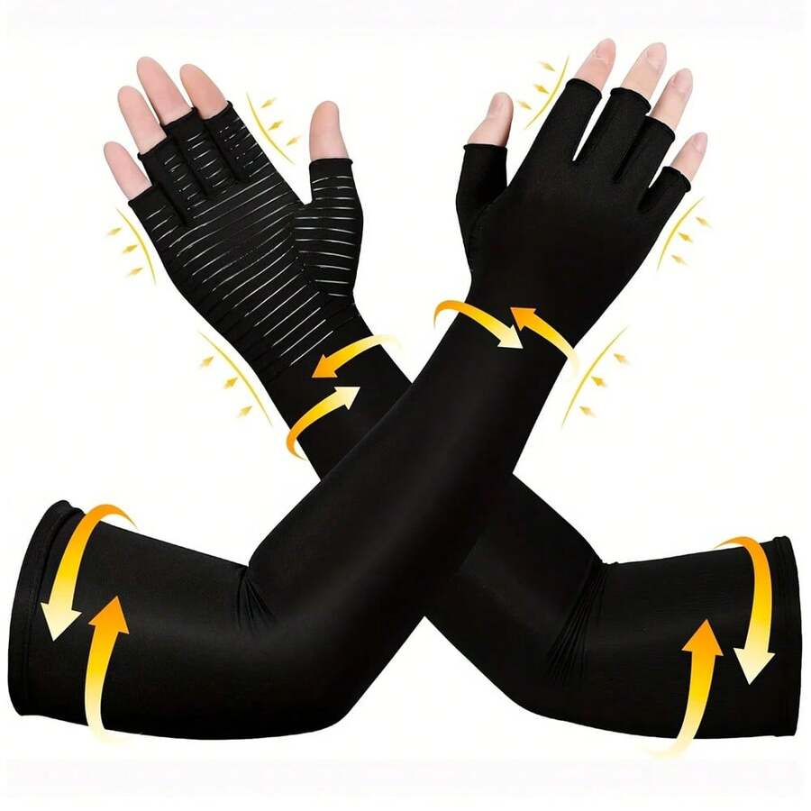 1Pair Long Compression Gloves, Arm & Hand Compression Gloves, Hand Support Sleeves For Carpal Tunnel, Hand Support - Black - View 1