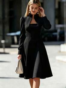 Ladies' Autumn Elegant Solid Color Bubble Sleeve Dress - Black - View 6