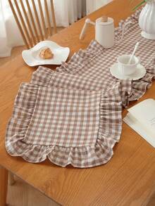 1PC French Vintage Washed Cotton Plaid Frill Trim Table Runner, Suitable For Outdoor Restaurant, Holiday Party, Garden Restaurant, Kindergarten Dining Table, Daily Home Tablecloth Decoration - Mocha Brown - View 5