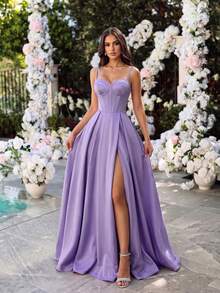 ADYCE Elegant High Waist Boned High Slit Tie Back A-Line Long Train Evening Gown Party - Purple - View 5
