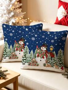 1/2/4pcs Vintage Christmas Night Scene Pillow Covers, Snowman & Forest Animal Pattern, Cozy Winter Home Decor Cushion Cases - Multicolor - View 6