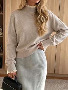 Sweater Rajut Leher Tinggi Patchwork Renda Gaya Lembut Wanita, Lapisan Dasar Lengan Panjang Pas Ramping Musim Gugur/Dingin, Atasan Dalaman Minimalis Serbaguna - Aprikot - View 4