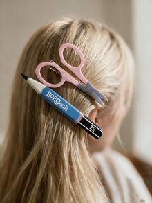 2pcs Creative Simulation Scissors Pencil Hair Clips, Quirky Funny Side Clips, Niche Design Bangs & Loose Hair Accessories - Multicolor - View 3