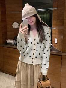 Polka Dot V-Neck Knit Cardigan Slimming Women's Short Sweater, Autumn - Apricot - View 4