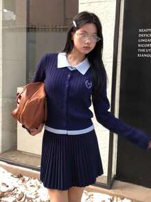 College Style Contrast Color Polo Collar Cable Knit Single-Breasted Embroidered Cardigan Top - Navy Blue - View 9