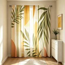2 Stücke nordische geometrische tropische grüne Blattmuster Vorhänge, 2D Flachdruck, Morandi Farbblock gespleißtes tropisches Pflanzenblatt Linienmuster, lichtdurchlässiger Stoff, Stangendurchzug, Fensterdekoration für Wohnzimmer, Schlafzimmer, Arbeitszimmer, Balkon, Zuhause - Verschiedenfarbig - Übersicht 2