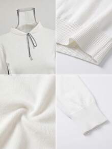 Women's Preppy Peter Pan Collar Tie-Front Long Sleeve Knit Sweater, Autumn Regular Shoulder Slim Fit Flattering Crop Top - White - View 11