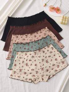 5pcs/Pack Comfortable Floral Print Ruffle Trim Cotton Women's Briefs Triangle Panties Black Shorts - Multicolor - View 8