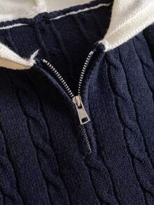 Boys' College Style Colorblock Cable Knit Hooded Half-Zip Sleeveless Sweater Pullover, Suitable For School Daily Casual Wear In Spring, Autumn And Winter - Navy Blue - View 4