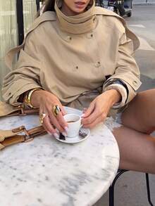 Autumn/Winter Solid Color Double-Breasted High Neck Long Sleeve Loose Fit Plus Size Trench Coat, Commute Date Vacation Outerwear - Khaki - View 6