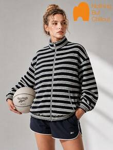 NBCT Women's Reversible Striped Hooded Zip-Up Jacket, Multi-Color, Loose Fit, Versatile Outdoor Sports Outerwear - Grey - View 2