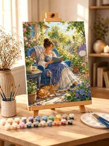 DIY Beautiful Lady Reading In Garden With Cat (Frameless Or Framed 8x12 / 16x20 Inches) Paint By Numbers Kit(Acrylic) Arts & Crafts For Adult Beginners, Home Wall Decor, And Holiday Gifts For Art Lovers - Sets - View 1