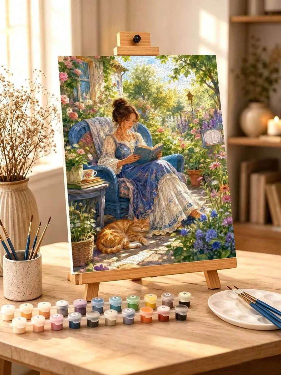 DIY Beautiful Lady Reading In Garden With Cat (Frameless Or Framed 8x12 / 16x20 Inches) Paint By Numbers Kit(Acrylic) Arts & Crafts For Adult Beginners, Home Wall Decor, And Holiday Gifts For Art Lovers - Sets - View 1
