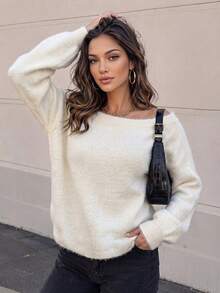 Da Jade Women's Autumn/Winter Elegant Plush Cold Shoulder Sweater, Dropped Shoulder Loose Soft Knit Long Sleeve Warm Pullover, Suitable For Daily Wear - White - View 2