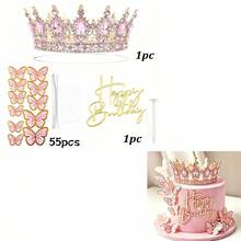 57pcs Purple Rhinestone Crown Cake Topper Set, Gold Butterfly Decor, Happy Birthday Acrylic Cake Topper, Princess Birthday Party Cake Decoration Supplies - Multicolor - View 10