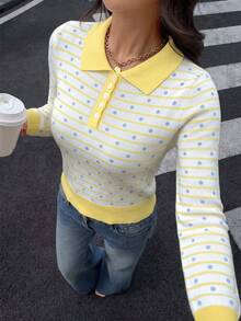 Women's Casual Fashion Autumn/Winter Contrast Color Polka Dot Stripe Contrast Collar Long Sleeve Fitted Ribbed Button Regular American Vintage Fall - Multicolor - View 2
