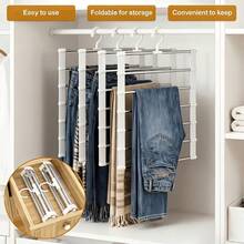 6/3-Pack Foldable Multi-Layer Pants Rack - Stainless Steel Anti Slip Wardrobe Storage Rack, Suitable For Jeans, Leggings, And Scarves - Space Saving Clothes Hanger - View 6