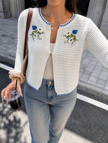 Sookaug Pure Desire Style Hollow-Out Ribbed Knit Cardigan Women's Designer Long Sleeve Cardigan Chic Woolen Top Women's Ribbed Knit Cardigan - White - View 3