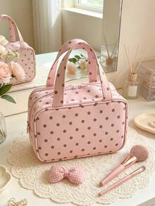Tas Kosmetik Polkadot Tas Kosmetik Genggam Portabel Kapasitas Besar Tiga Lapisan Tahan Air Tas Kosmetik Genggam Multi Kompartemen - MultiWarna - View 7