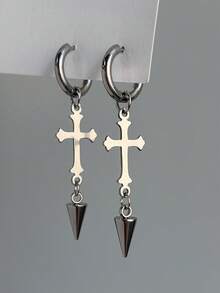 1 Pair Stainless Steel Punk Silver Star Hoop Earrings, Fashionable Accessories Suitable For Women's Daily Wear - Silver - View 23