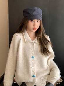 Women's Autumn/Winter New Lace Collar Patchwork Knit Cardigan Top - Apricot - View 4