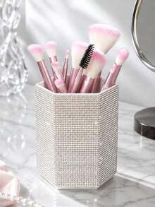 1pc Rhinestone Hexagonal Makeup Brush Holder, Large Capacity, Colorful Rhinestone Inlaid Surface, Hexagonal Column Design, Beauty Tool Storage Box, Suitable For Bedroom Vanity, Makeup Table And Other Scenes - Multicolor - View 5
