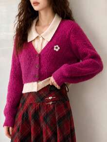 Women's Autumn/Winter Casual Minimalist Vintage Fashion 2 In 1 Knit Cardigan Jacket - Hot Pink - View 4