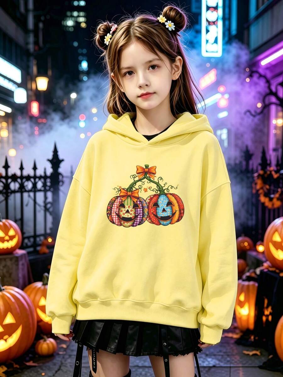 1pc Girls' Yellow Halloween Hoodie With Double Pumpkin Bow Pattern, Party Girls' Long Sleeve Pullover Sweatshirt - Holiday Gift - Yellow - View 1