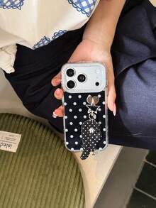 Electroplated Silver Polka Dot Cute Girl Phone Case Compatible With Iphone 17 Pro Max 16 Pro 17 Full Coverage Anti-Drop Protective Cover With Wing Pendant For 15 14 - Black - View 4