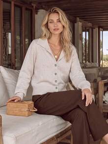 Women's V-Neck Cable Knit Cardigan, Long Sleeve Button Front Loose Knit Sweater Jacket, Casual Daily Winter Outerwear - Apricot - View 7