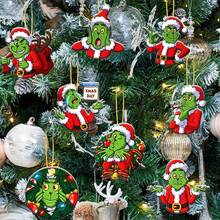 Panini Grinch Humorous Gesture Expression Flat Acrylic Hanging Ornament Set, Multiple Funny Pose Character Pendants, Lightweight Christmas Tree Decorations, Suitable For Holiday Home And Party Decor - Random Styles - View 2
