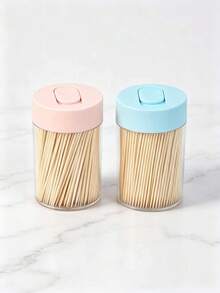 4pcs (300pcs Toothpicks + Container), Natural, Single-Use, Cylindrical Container With Flip Cover, Suitable For Home, Restaurant And Hotel Use, Random Color - Multicolor - View 9